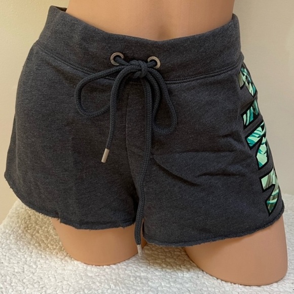 Grey Drawstring Fleece Terry Shorts with Green Palm Print Logo Graphic - Picture 8 of 10
